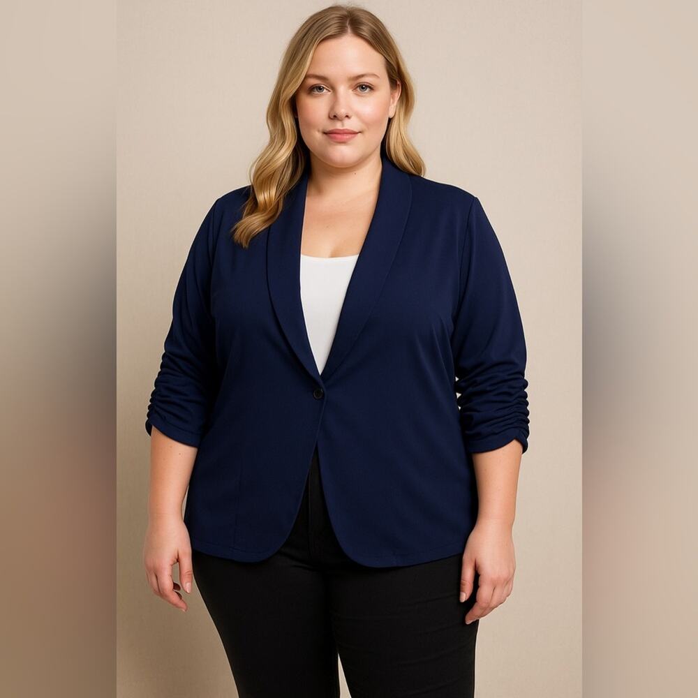 Beyove Navy Blue Open Front Blazer Jacket Women’s Size XL – Ruched 3/4 Sleeves